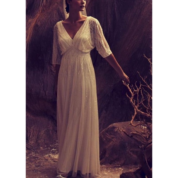 BHLDN Ellesmere Size 6 Ivory Allover Beaded Vintage Inspired V-neck Maxi Wedding - Picture 5 of 12